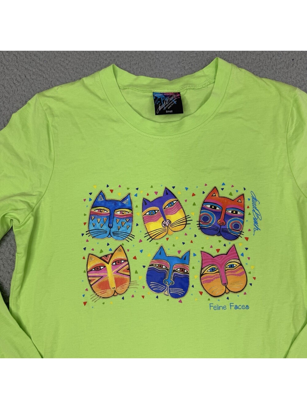 VTG Laurel Burch Feline Faces Cat Art LS T-Shirt Sz Small Green 100% Cotton